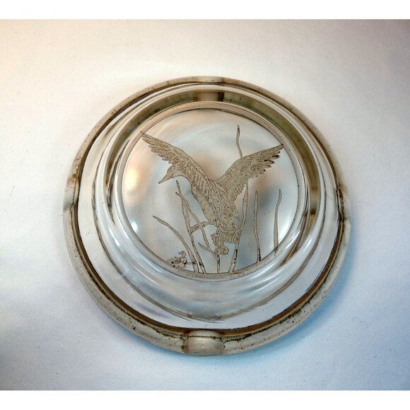 Vtg Sterling Silver Overlay On Crystal Ducks In Flight Ashtray Fine Detail - Picture 4 of 5